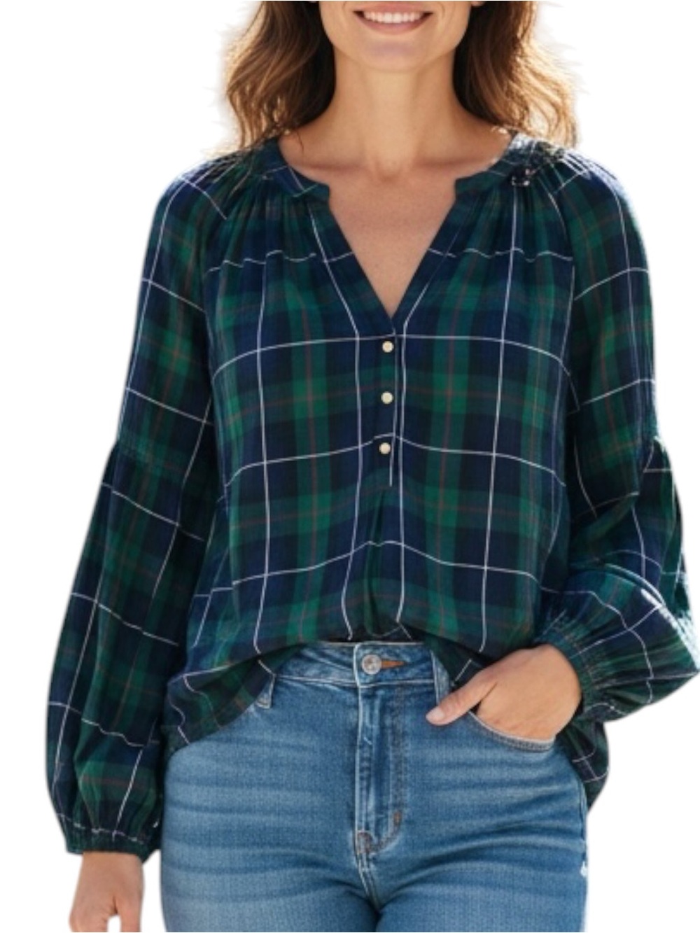Crown & Ivy Sz LARGE Navy Green Tartan Plaid Split-Neck Popover Blouse Top
